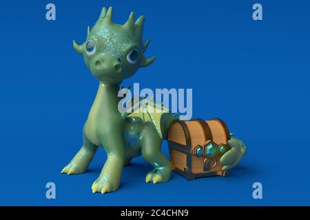 Der grüne Drache bewacht den Schatz. Niedliche Cartoon-Figur. 3d-Rendering Stockfoto