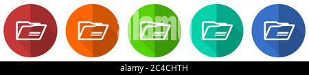 Ordner Icon Set, rot, blau, grün und orange flaches Design Web-Tasten isoliert auf weißem Hintergrund, Vektor-Illustration Stock Vektor