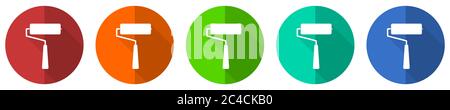 Roll Painter, Roller Icon Set, rot, blau, grün und orange flaches Design Web-Tasten isoliert auf weißem Hintergrund, Vektor-Illustration Stock Vektor