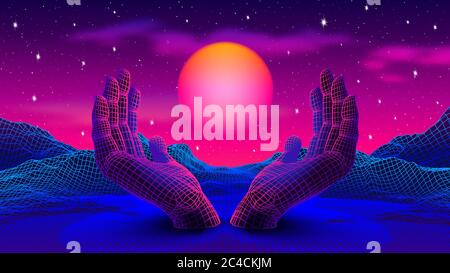 Neonfarbene Landschaft im Stil der 80er oder 90er Jahre mit 3D-Händen, die die leuchtende violette Sonne halten Stock Vektor