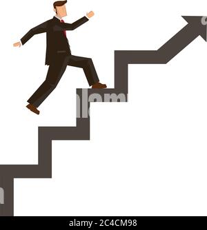 Geschäftsmann steigt auf Treppe auf einem steigenden Pfeil gebaut. Wachstum Business Finance Investment Success Concept. Abstrakte flache Cartoon-Figur vecto Stock Vektor