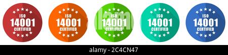 ISO 14001 Icon Set, rot, blau, grün und orange flache Design Web-Tasten isoliert auf weißem Hintergrund, Vektor-Illustration Stock Vektor
