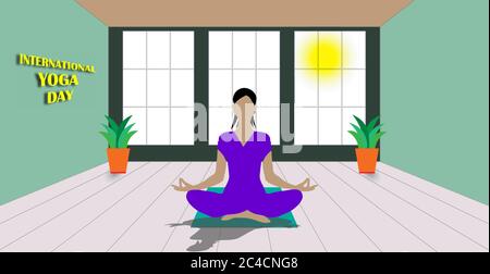 Internationaler Yoga Tag 21. Juni Vektor-Illustration ein Mädchen meditiert in einem frühen Morgen Vektor-Illustration Stock Vektor