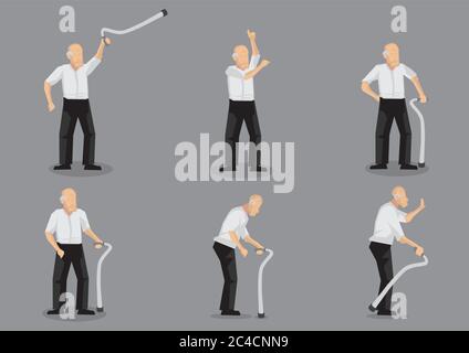 Set von sechs Vektor-Illustrationen Blading alten Mann Cartoon-Charakter hält einen Spazierstock in verschiedenen Gesten und Posen isoliert auf grauem Hintergrund Stock Vektor