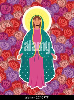 Annahme der schönen mary Jungfrau mit Rosen Hintergrund Vektor Illustration Design Stock Vektor