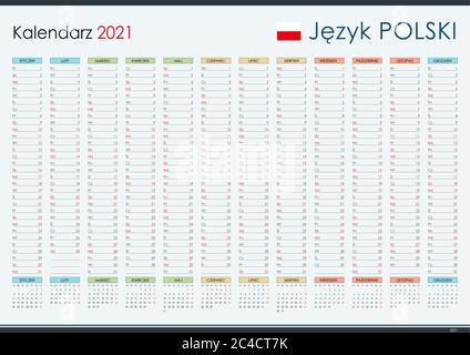 Kalender in Polnisch für 2021. Jahresplaner und Veranstalter. Einfaches und gut lesbares Layout. Vorlage für das Unternehmen. Freier Speicherplatz. Stock Vektor