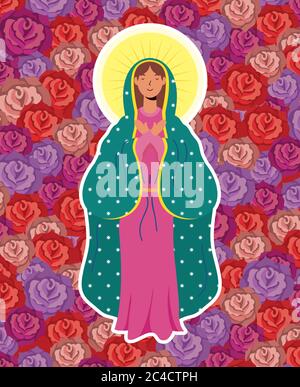 Annahme der schönen mary Jungfrau mit Rosen Hintergrund Vektor Illustration Design Stock Vektor