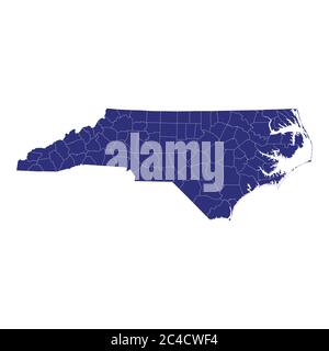 Hochwertige Karte von North Carolina ist ein Bundesstaat der Vereinigten Staaten von Amerika mit Grenzen der Grafschaften Stock Vektor