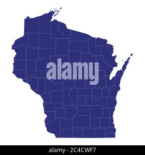 Hochwertige Karte von Wisconsin ist ein Staat der Vereinigten Staaten von Amerika mit Grenzen der Grafschaften Stock Vektor