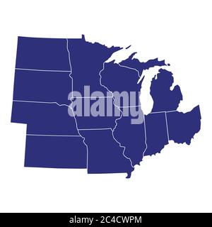 Hochwertige Karte der Region Midwest der Vereinigten Staaten von Amerika mit Grenzen der Staaten Stock Vektor