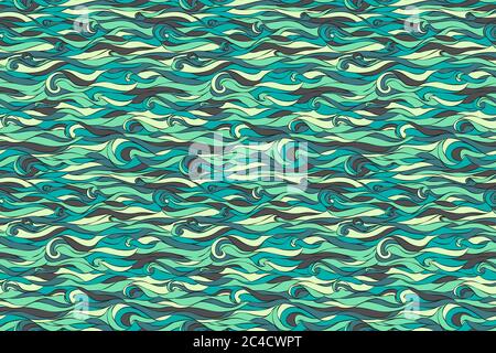 Meereswellenmuster. Abstrakter Vektor Meerwasser nahtlose Textur. Grafische Darstellung. Blaue Glasmalerei Imitation Stock Vektor