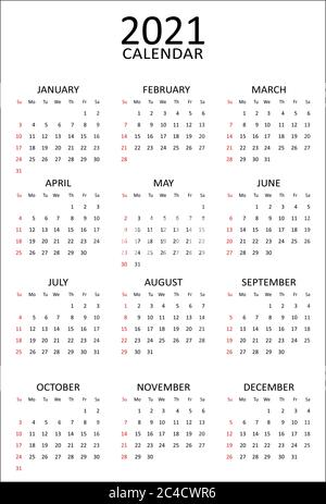 Kalendervorlage für das Jahr 2021. Einfaches Monochrom-Projekt. Wochenbeginn sonntag. Vektordesign. Jahreskalender. Elektronik, Telefon, Bürodesign Stock Vektor
