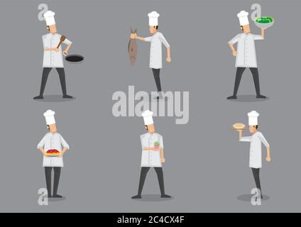 Set von sechs Vektor-Illustration von Cartoon-Koch in weißen Uniform und toque serviert Essen mit Stolz isoliert auf grauem Hintergrund. Stock Vektor