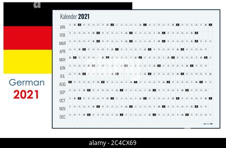 2021 Wandplaner in Deutsch. Jahreskalender und Veranstalter. Einfaches Layout in S/W-Farben. Vorlage für das Unternehmen und die Familie. 12 horizontale Monate. Stock Vektor