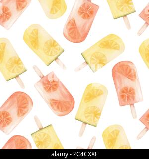 Zitrone und Orange Frucht Eis Eis Sommer Digitalpapier. Handgezeichneter Aquarell-Cliparts. Isoliert auf weißem Hintergrund. Grafik für Stoff, Textil, Wand Stockfoto