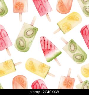 Aquarell Eis Eis Clipart Digitalpapier. Sommer nahtlose Muster isoliert auf weißem Hintergrund. Handgezeichnete Abbildung. Stockfoto