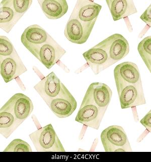 Aquarell Kiwi Frucht Eis Eis nahtlose Muster Digitalpapier. Handgezeichnetes Clipart. Sommer Scrapbooking Grafiken für Stoff, Textil, Karten, Stockfoto