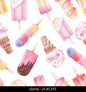 Sommer Eis Eis Eis Digitalpapier. Aquarell nahtlose Muster Illustration. Isoliert auf weißem Hintergrund. Stockfoto