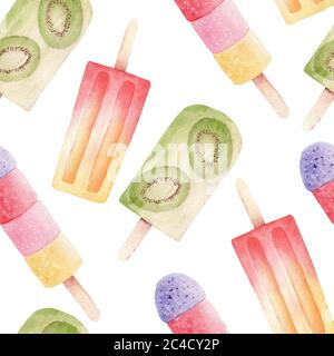 Aquarell Frucht Eis Eis Digitalpapier. Handgezeichnetes Eis mit nahtlosem Muster. Sommer Food Illustration isoliert auf weiß. Grafiken für diy, Textil Stockfoto