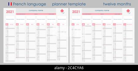 2021 Planner Kalender. Wandorganisator, Vorlage für Jahresplaner. Vektorgrafik. Vertikale Monate. Zwei Platinen. Set von 12 Monaten. Französische Sprache. Stock Vektor