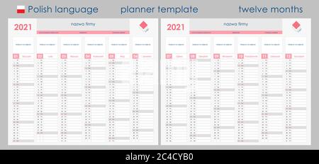 2021 Planner Kalender. Wandorganisator, Vorlage für Jahresplaner. Vektorgrafik. Vertikale Monate. Zwei Platinen. Set von 12 Monaten. Polnische Sprache. Stock Vektor