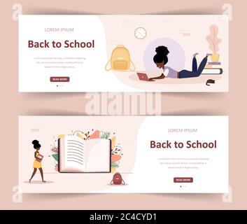 Willkommen zurück in der Schule. Afrikanisches Mädchen Buch lesen. Intelligente Studenten. Frauen Cartoon-Figur. Moderne Vektorgrafik in flacher Ausführung. Webbanner für Stock Vektor