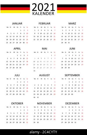 Deutscher Kalender für 2021. 12 Monate auf einer Seite. Wochenende ab Montag. Sauberer und transparenter Stil. Layout Des Monochromen Kalenders Roter Sonntag. Stock Vektor