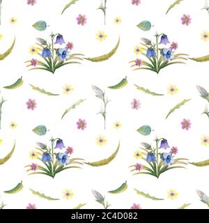 Nahtloses Muster mit Frühlingsblumen und Blättern. Handgezeichneter Hintergrund. Florales Muster für Tapete oder Stoff. Stockfoto