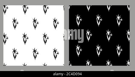 Set aus zwei schwarz-weißen Mustern mit Blumen. Floraler Hintergrund. Monochrome Farbe. Blühende rosa Pflanzen gleichmäßig angeordnet. Nahtloser Vektor. Stock Vektor