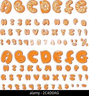Zwei Sätze von Vektor-Alphabet Weihnachten oder Neujahr Alphabet Lebkuchen. Sets mit Glasur und ohne. Isolierte Großbuchstaben auf weißem Hintergrund. Stock Vektor
