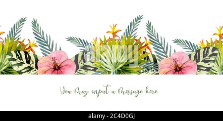 Tropische Blätter . Wiederholung der Sommer horizontalen Grenze. Aquarell mit Blumenmuster. Aquarell-Kompositionen für die Gestaltung von Grußkarten oder Einladungen Stockfoto