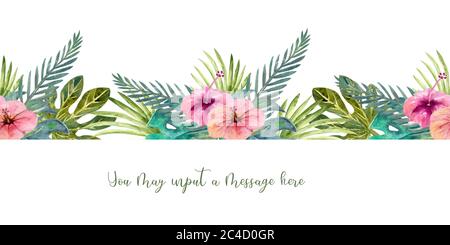 Tropische Blätter . Wiederholung der Sommer horizontalen Grenze. Aquarell mit Blumenmuster. Aquarell-Kompositionen für die Gestaltung von Grußkarten oder Einladungen Stockfoto