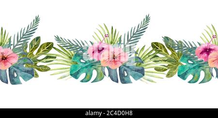 Tropische Blätter . Wiederholung der Sommer horizontalen Grenze. Aquarell mit Blumenmuster. Aquarell-Kompositionen für die Gestaltung von Grußkarten oder Einladungen Stockfoto