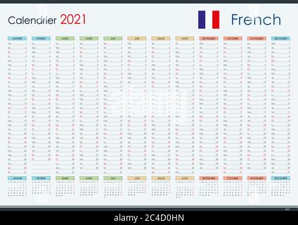 2021 Wandplaner auf Französisch. Jahreskalender und Veranstalter. Einfaches Layout in Farbe. Vorlage für das Unternehmen und die Familie. 12 vertikale Monate. Stock Vektor