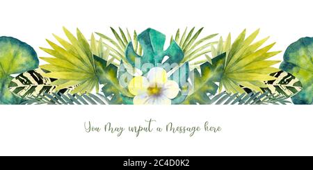 Tropische Blätter . Wiederholung der Sommer horizontalen Grenze. Aquarell mit Blumenmuster. Aquarell-Kompositionen für die Gestaltung von Grußkarten oder Einladungen Stockfoto