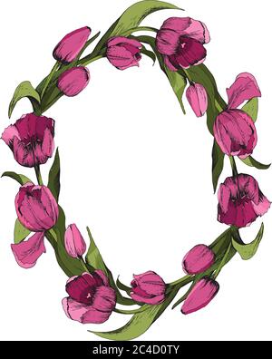 Kranz mit farbigen rosa Tulpen. Floraler ovaler Rahmen mit bunten Tulpen. Frühlingsstimmung. Vektorgrafik. Stock Vektor