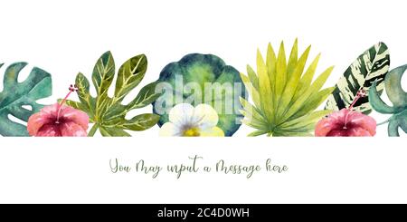 Tropische Blätter . Wiederholung der Sommer horizontalen Grenze. Aquarell mit Blumenmuster. Aquarell-Kompositionen für die Gestaltung von Grußkarten oder Einladungen Stockfoto