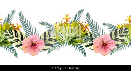 Tropische Blätter . Wiederholung der Sommer horizontalen Grenze. Aquarell mit Blumenmuster. Aquarell-Kompositionen für die Gestaltung von Grußkarten oder Einladungen Stockfoto