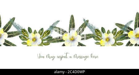 Tropische Blätter . Wiederholung der Sommer horizontalen Grenze. Aquarell mit Blumenmuster. Aquarell-Kompositionen für die Gestaltung von Grußkarten oder Einladungen Stockfoto