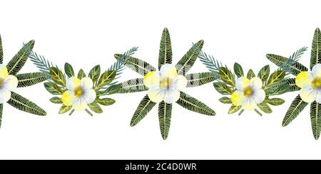 Tropische Blätter . Wiederholung der Sommer horizontalen Grenze. Aquarell mit Blumenmuster. Aquarell-Kompositionen für die Gestaltung von Grußkarten oder Einladungen Stockfoto