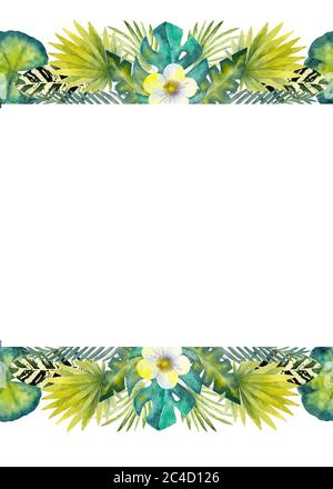 Tropische Blätter . Wiederholung der Sommer horizontalen Grenze. Aquarell mit Blumenmuster. Vertikaler Rahmen. Aquarell-Kompositionen für die Gestaltung von Grußkarten Stockfoto