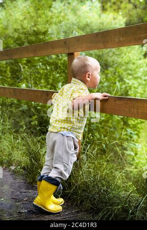 Ein lustiger kleiner Junge in gelben Stiefeln schaut über den Zaun. Sommer Stockfoto