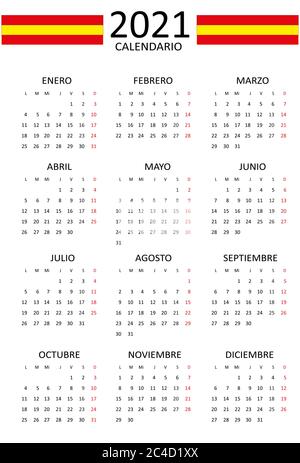 Spanischer Kalender für 2021. 12 Monate auf einer Seite. Wochenende ab Montag. Sauberer und transparenter Stil. Layout Des Monochromen Kalenders Roter Sonntag. Stock Vektor