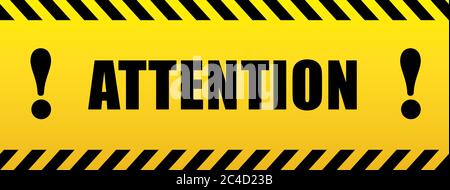 Achtung mit Ausrufezeichen. Schwarz-gelbes Zeichen im gestreiften Rahmen. Design mit Aufmerksamkeitssymbol für Banner oder Poster oder Schild. Gefahrenwarnung. Stock Vektor