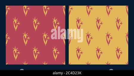 Set aus zwei abstrakten Mustern mit Blumen auf rotem und gelbem Hintergrund. Farbstoffe für Textilien. Blühende rosa Pflanzen gleichmäßig angeordnet. Nahtlos. Stock Vektor