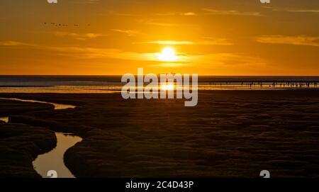 Gaomei Feuchtgebiete in Sonnenuntergang Zeit. Küste, Fluss, rosige Wolken, eine wunderschöne Landschaft. Stockfoto