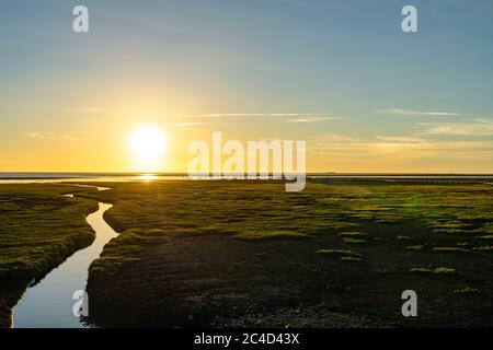 Gaomei Feuchtgebiete in Sonnenuntergang Zeit. Küste, Fluss, rosige Wolken, eine wunderschöne Landschaft. Stockfoto