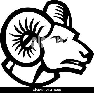 Schwarz-weißes Maskottchen Abbildung des Kopfes eines Dickhorns Schaframm, Bergziege von der Seite auf isolierten Hintergrund im Retro-Stil betrachtet. Stock Vektor
