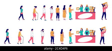 Menschen warten in der Schlange für humanitäre Hilfe, Vektor-flache Illustration Stock Vektor