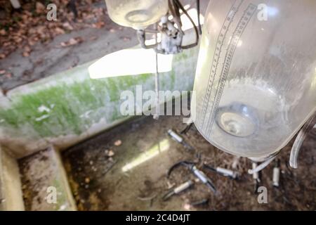 Flacher Fokus einer großen Flasche verwendet, um Milch zu sammeln, in einem verlassenen Melkstand gesehen. Ausrangierte Melkzitzen werden auf der Melkstandsfl Stockfoto